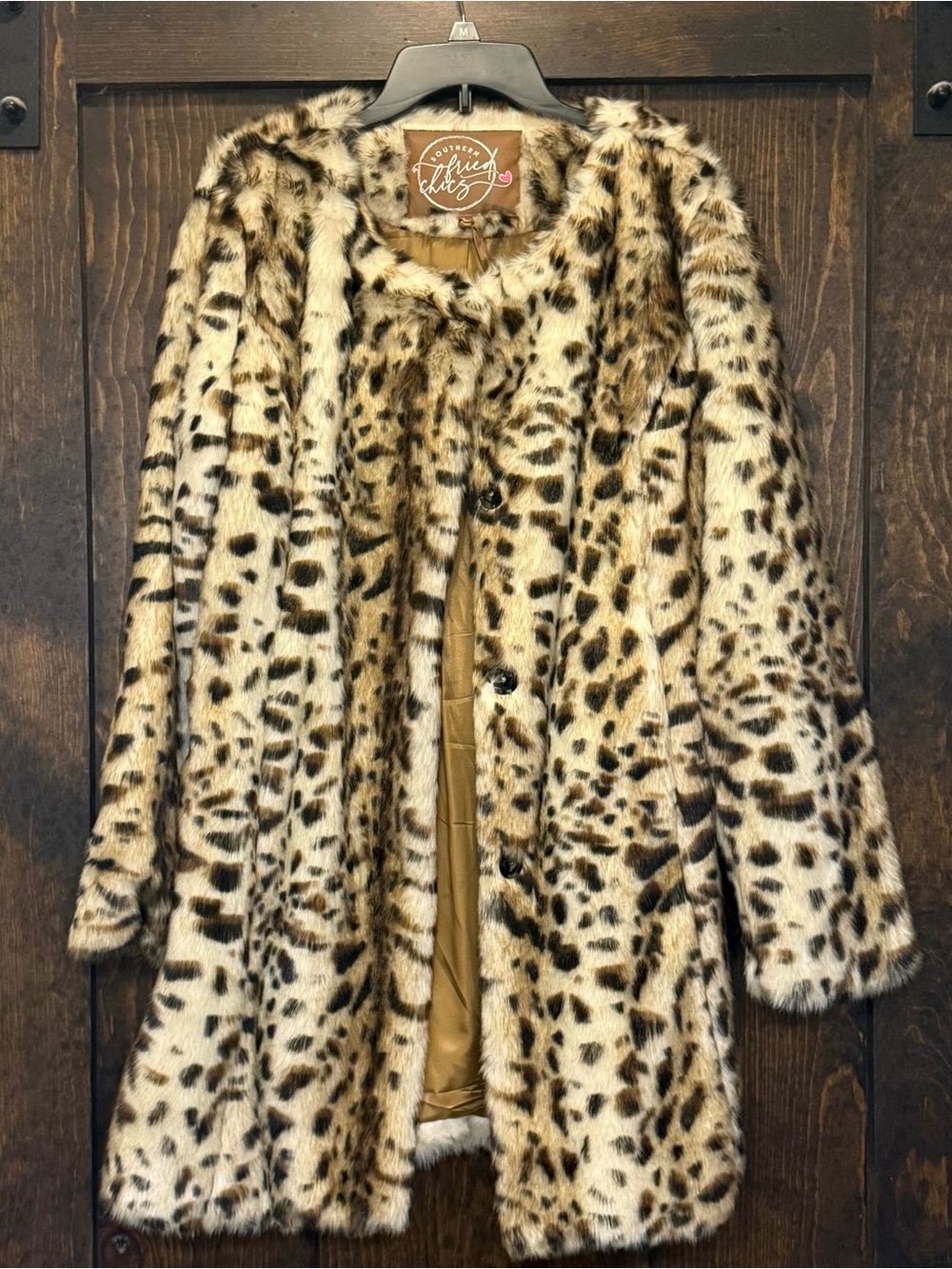 Faux Leopard Print Teddy Coat - Cream & Brown